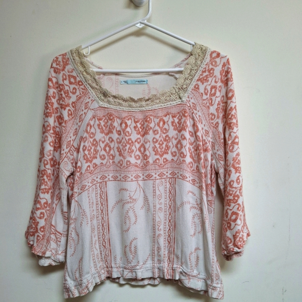 Maurice's Boho 3/4 Sleeve Peach Top Lace Trim Lightweight Large Summer Comfort